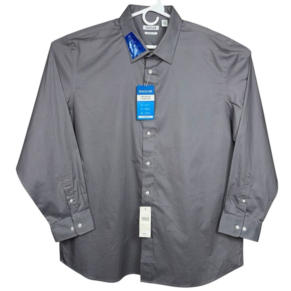 Haggar Mens 18-18.5 36/37 2XL XXL Dress Shirt Button Down Classic Fit Gray New